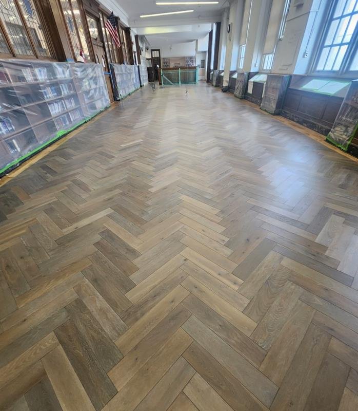 New herringbone oak flooring in the Jamaica High School library